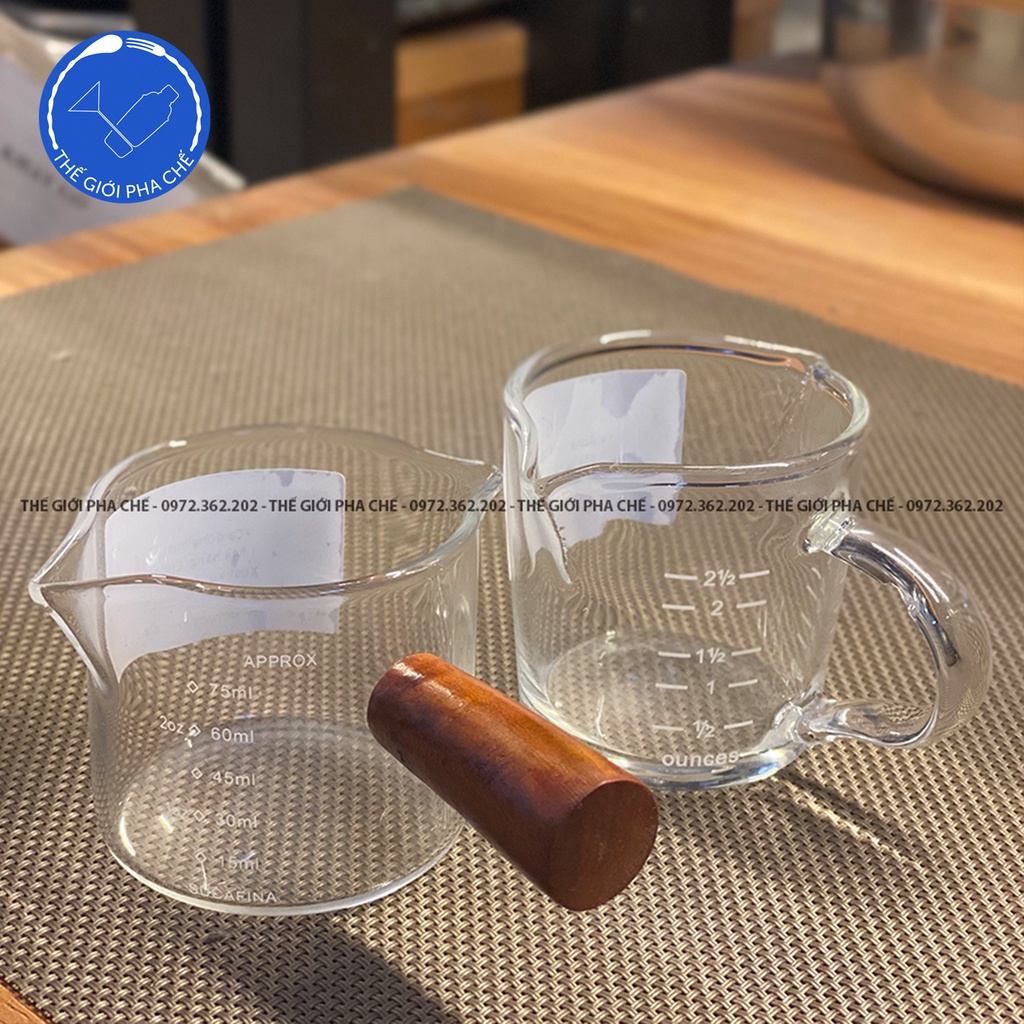 Cốc Đong Cà Phê 70-75ml Có Tay Cầm Gỗ/ Thuỷ Tinh