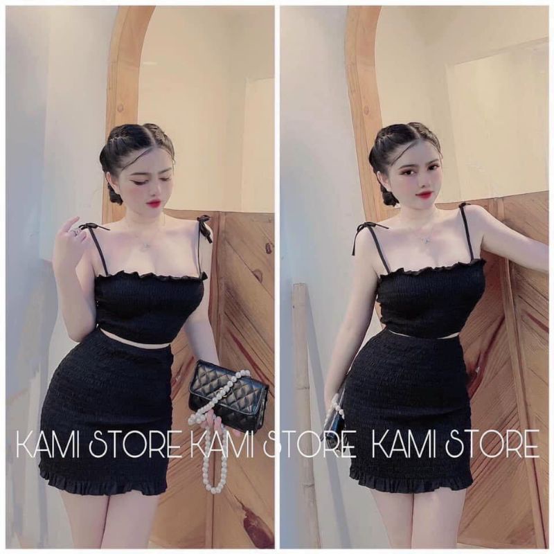 Set bộ áo 2 dây nhún kèm chân váy nhún ôm body siêu tôn dáng