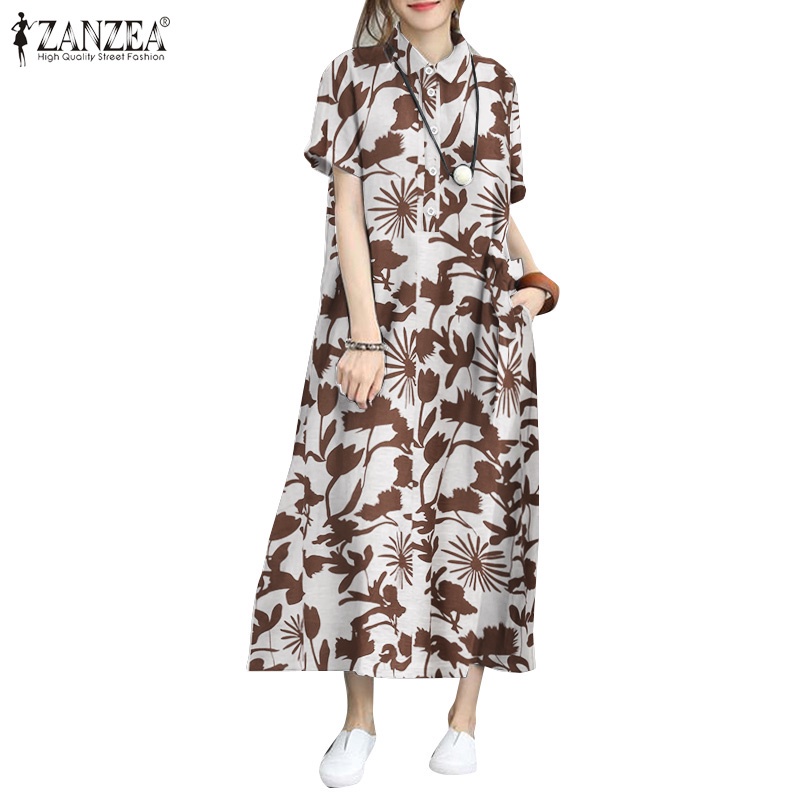 Đầm dài Zanzea tay ngắn thời trang Hàn Quốc cổ điển thanh lịch