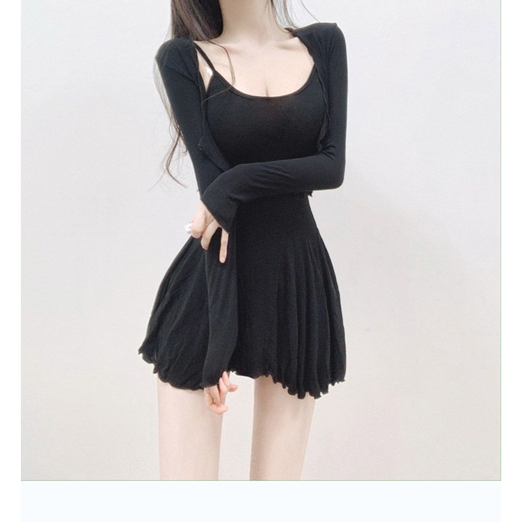 Set đồ COZOKC gồm đầm hai dây và áo khoác dáng ngắn ôm dáng chống nắng quyến rũ cho nữ