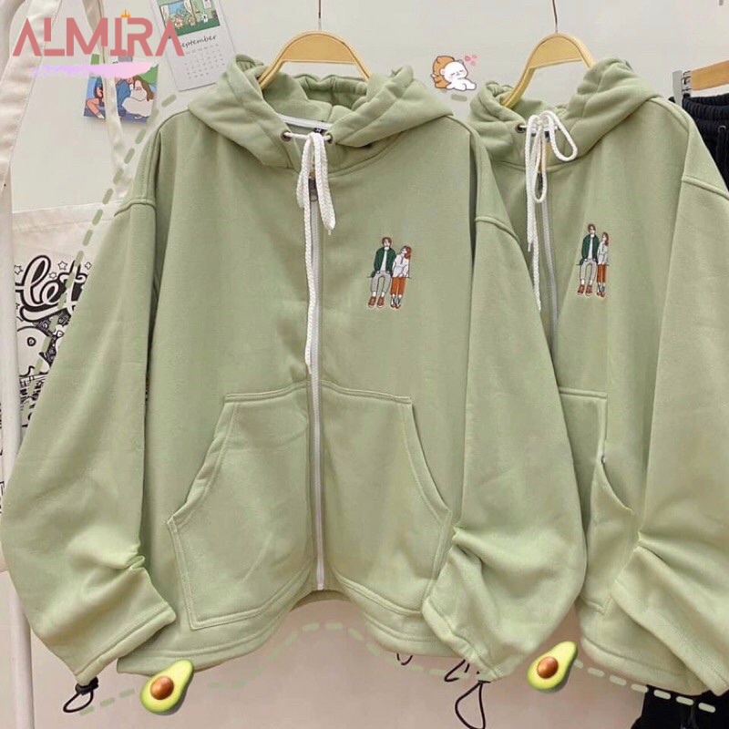 Áo Khoác Nỉ Đôi Bạn Thân Màu Xanh Form Rộng Tay Phồng Unisex