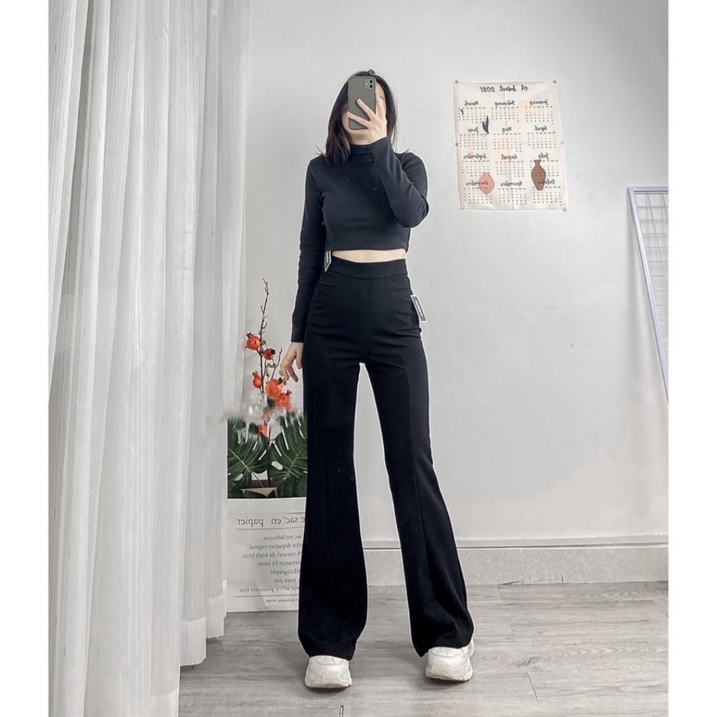 Quần legging ống loe cạp cao co dãn chất vải cotton mềm dày dặn dáng dài cao cấp Quần vải ống loe bigsize cạp chun đen