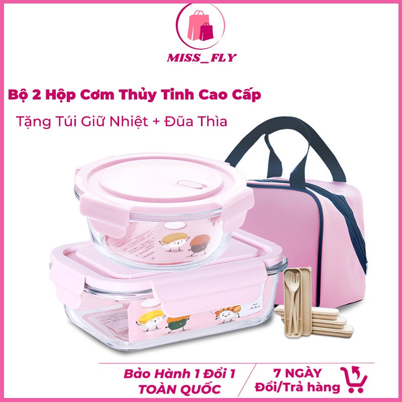 Bộ hộp đựng cơm thủy tinh cao cấp Glass Food, 2 Hộp cơm thủy tinh văn phòng + Kèm túi giữ nhiệt đựng đồ ăn - missfly