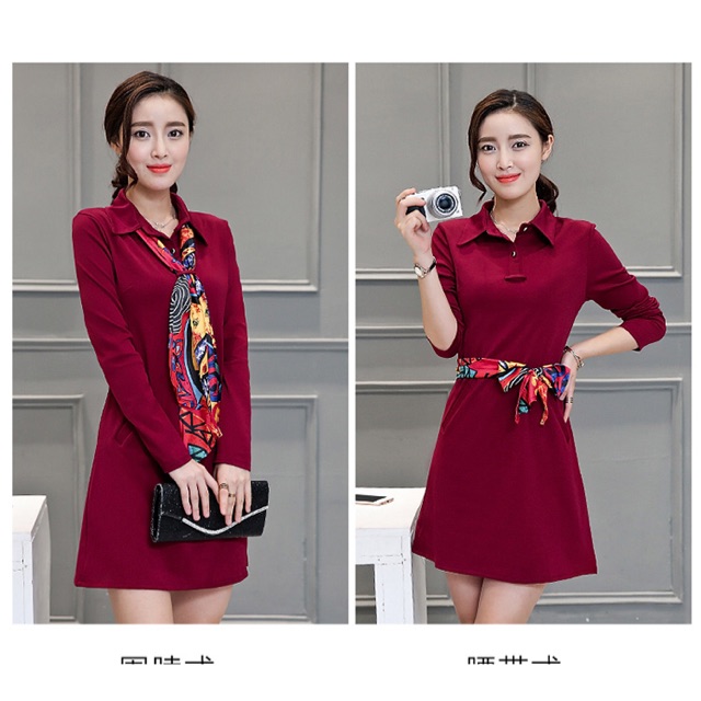 Đầm suông công sở màu đỏ đô phối khăn cao cấp size M L