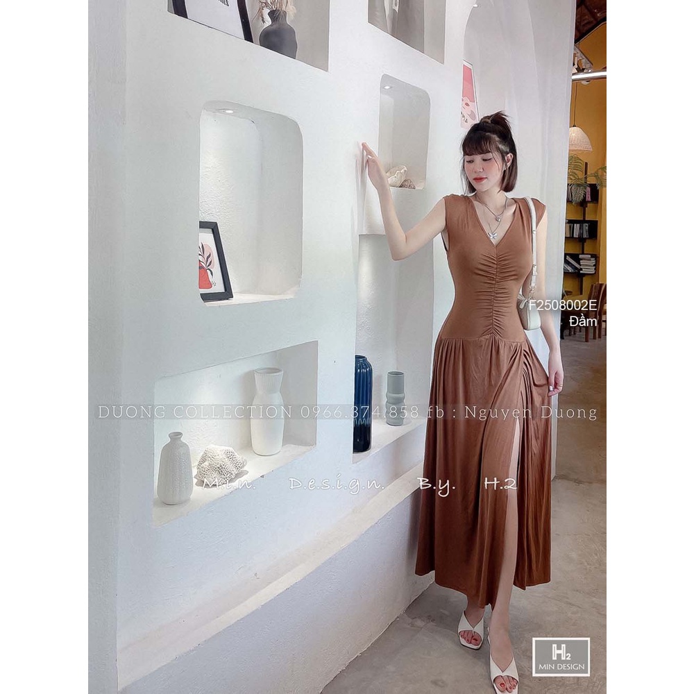 Đầm maxi thun dáng xòe xẻ tà trước nhún giữa cổ tim sát nách siêu sang