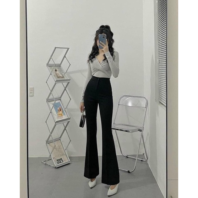 Quần ống loe  Quần ống vẩy chỉ nổi chạy dọc UMI cài cúc cạp cao phong cách Hàn Quốc dành cho nữ PHULA
