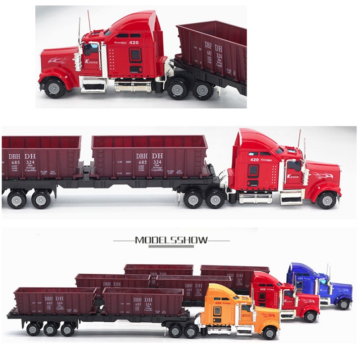 Xe mô hình đầu kéo container tỉ lệ 1:48 loại xe có 2 thùng kéo phía sau đầu xe bằng sắt (MÀU NGẪU NHIÊN)