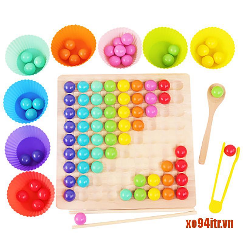 XOITR  Rainbow Wooden Clip Go Game Set Dot Bead Board Game Toy Rainbow Clip Bead