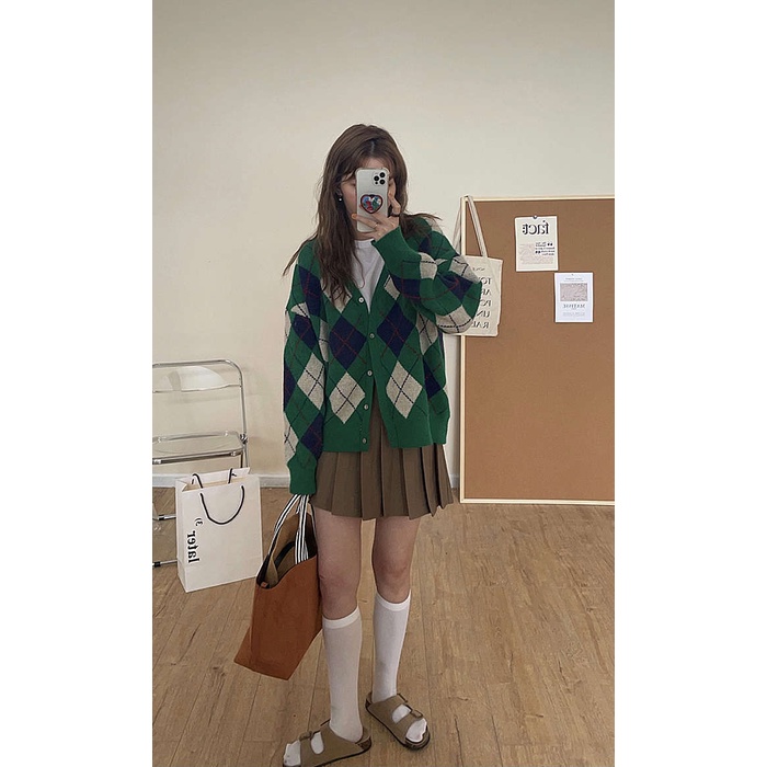 Áo khoác cardigan dáng rộng cổ chữ V đính đá kim cương Hàn Quốc mới xuân thu 2021