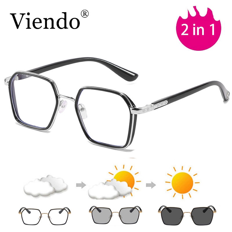 Kính cận VIENDO gọng đa giác đổi màu chống ánh sáng xanh chống tia UV cao cấp thời trang cho nam và nữ