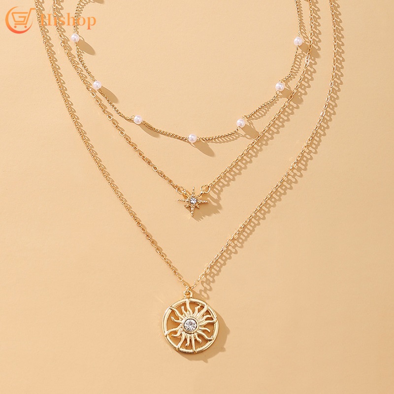 Bộ 3 Dây Chuyền Mạ Vàng Nhiều Lớp Đính Ngọc Trai Nhân Tạo