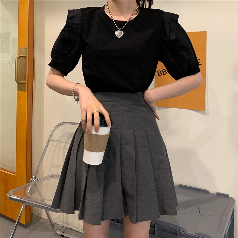 Áo Thun Tay Ngắn Cổ Tròn Phối Bèo Nhún Đơn Giản Phong Cách Hàn Quốc