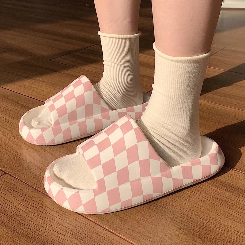 Dép bánh mì,dép quai ngang nam nữ kẻ caro màu hồng dễ thương loại 1 phong cách Ulzzang Mã 71