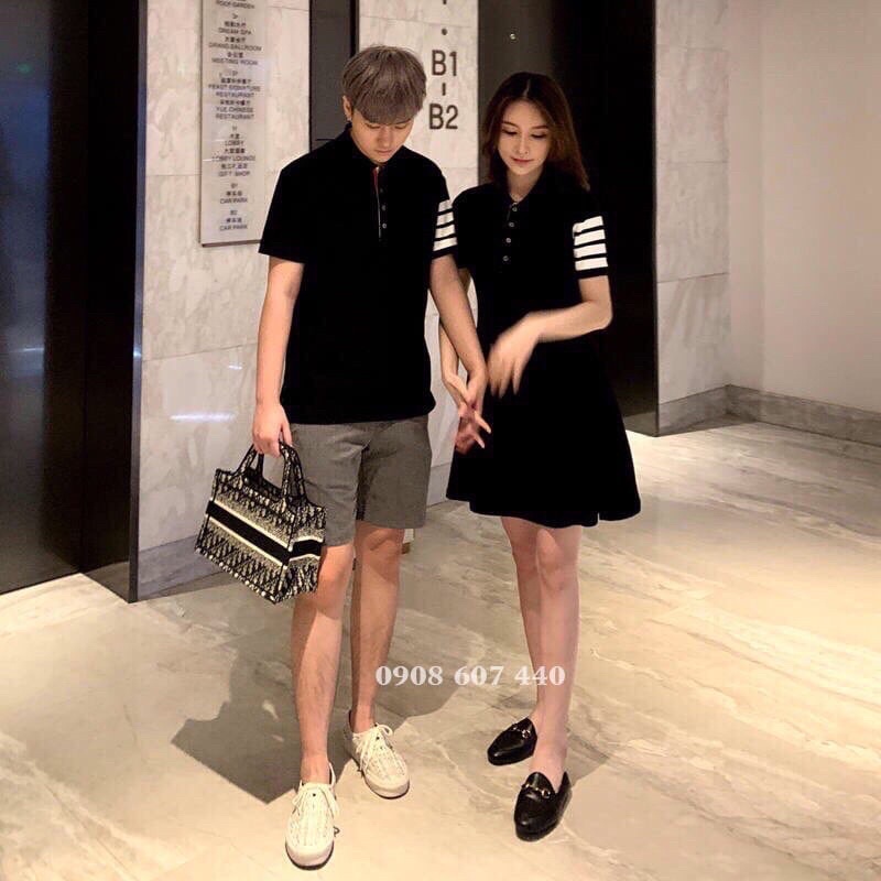 Set đồ đôi nam nữ, đồ couple màu đen tay sọc trắng