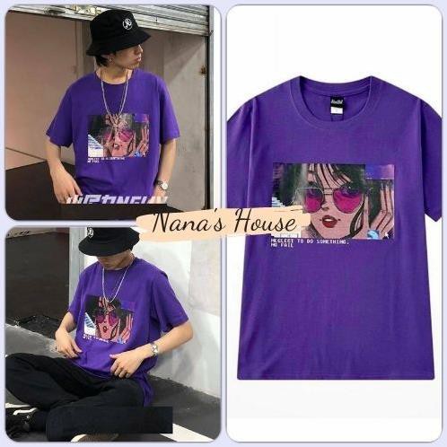 Áo Thun Nữ Tím Cổ Tròn 🎁 Nana's House - FREESHIP 🎁 Áo thun Unisex màu tím họa tiết cô gái . '
