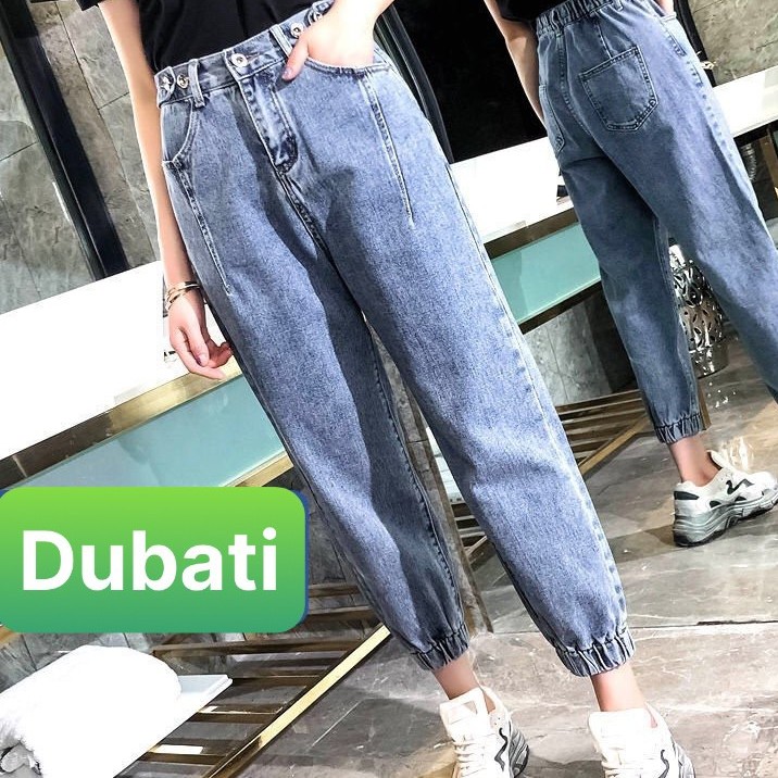 QUẦN BAGGY JEAN NỮ XANH ĐẬM LƯNG THUN ỐNG TÚM NÂNG MÔNG HÀN QUỐC PR-335 CAO CẤP -DUBATI FASHION