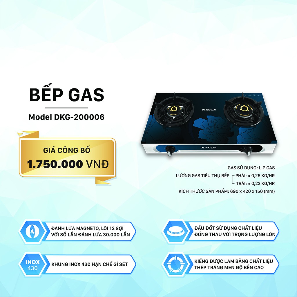 Bếp gas đôi Daikiosan DKG-200006 - Hệ thống đánh lửa Magneto cao cấp, mặt kính sang trọng, bền bỉ