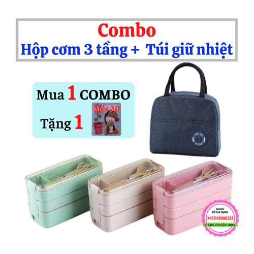 Hộp cơm 💟 Hộp đựng cơm văn phòng lúa mạch 3 tầng cao cấp kèm túi giữ nhiệt có khóa kéo quai xách tiện lợi giá rẻ