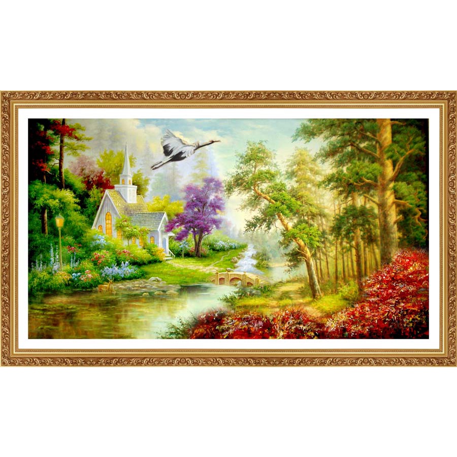 Tranh Đồng Quê Việt Nam Lụa 3D Cao Cấp Dán Tường phong cảnh hữu tình, non xanh nước biếc hình ảnh sắc net, không lo phai