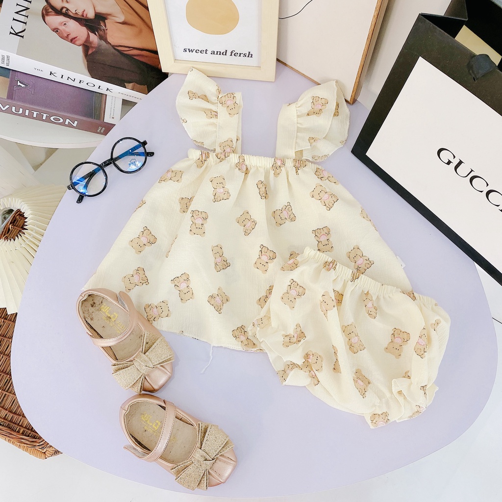 AV20 Bộ Áo Váy 2 Dây Cánh Tiên Hoạ Tiết Hoa Quả Cho Bé Chất Liệu Vải Đũi Nhăn Đủ Size Từ 8-18Kg VNXK Nhật-Hàn