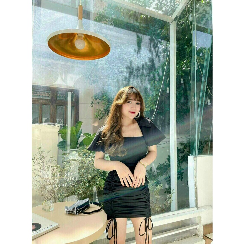Đầm ôm body cổ vuông tay phồng, đầm dự tiệc tôn dáng với thiết kế nhún tà rút dây phối tay cánh tiên siêu xinh