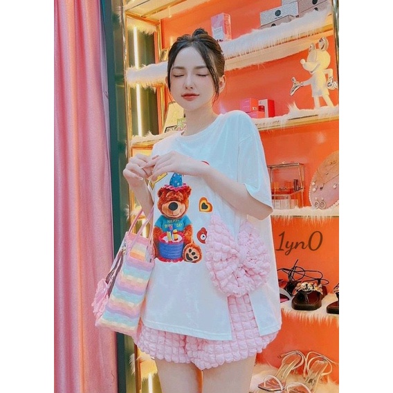 [9.9 Sales Freeship] Set bộ đùi xốp nữ đính nơ dễ thương, set áo thun in gấu xẻ lai quần đùi xốp nổi đi chơi cute