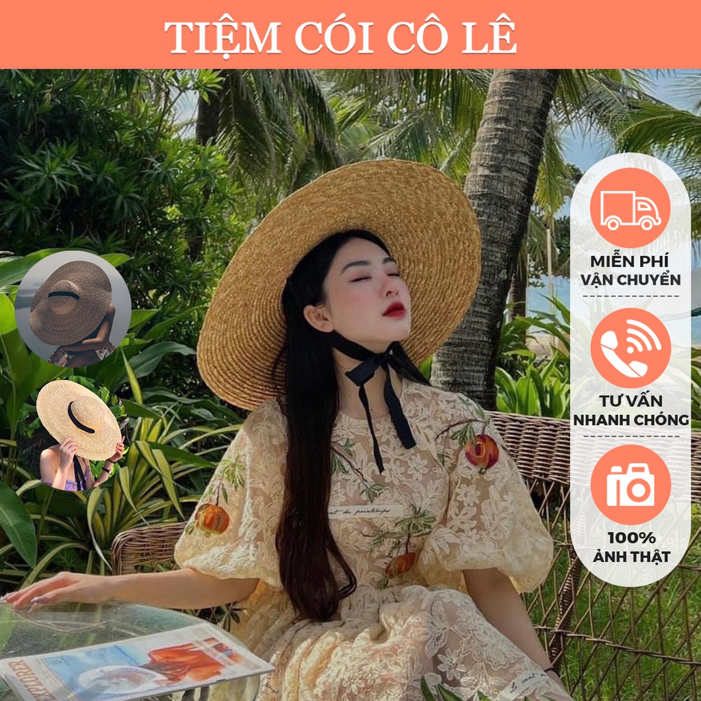 Mũ cói đi biển, nón vành rộng 15cm phối ruy băng đen siêu sang chảnh - Tiệm Cói Cô Lê