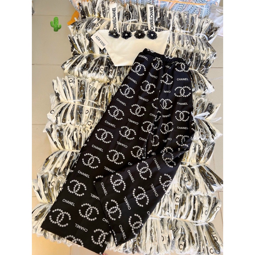set bộ áo 2 dây croptop đính hoa quần họa tiết toàn quần suông ảnh thật vp