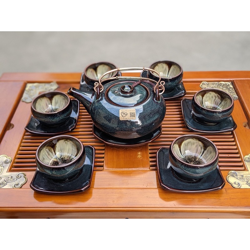 Bộ Ấm Trà Giang Tây - Ấm chén Bát Tràng Nghệ nhân hoa trong lòng - Men hoả biến cao cấp