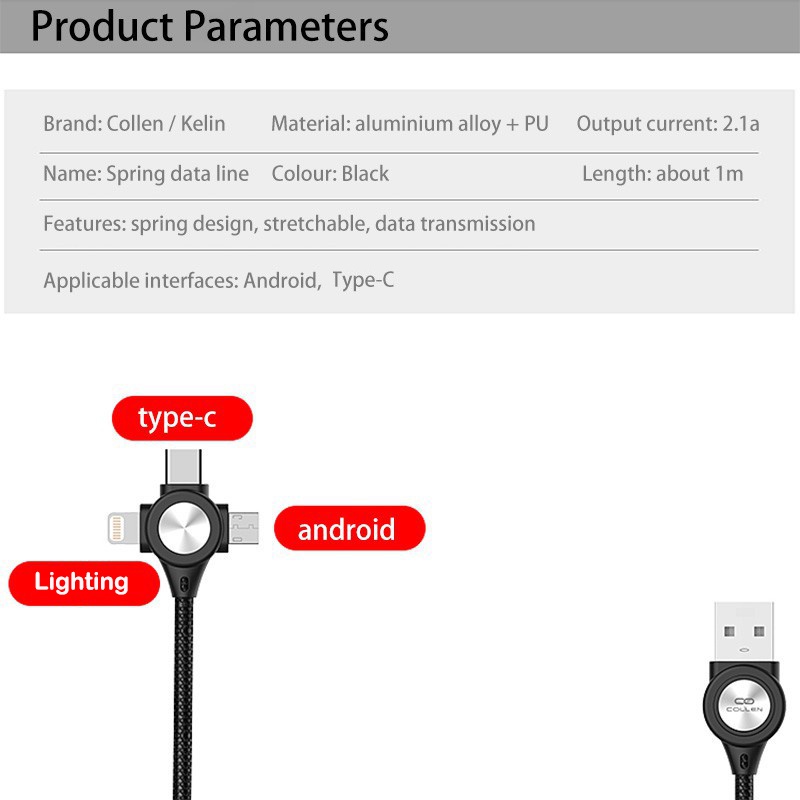 Cáp Sạc Nhanh 3 Trong 1 USB C Micro USB 8 Pin 3A Dạng Lò Xo Thu Gọn Tiện Dụng Cho Huawei Samsung