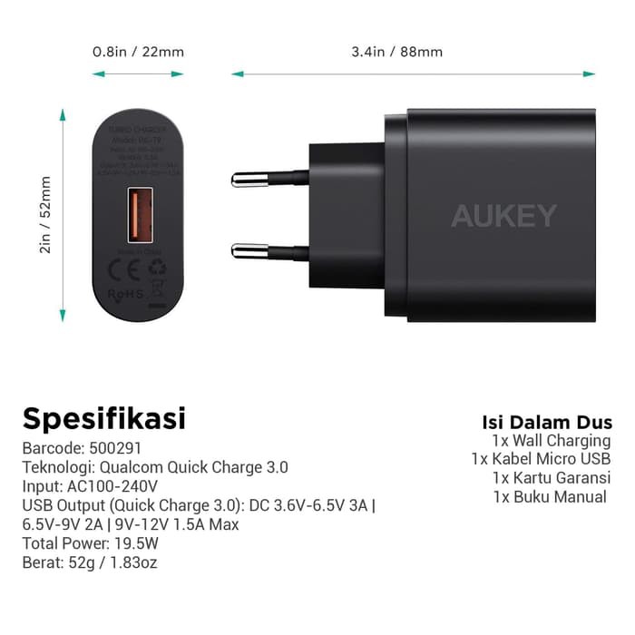 Củ Sạc Nhanh Aukey 1 Cổng 3.0 - Pa-t9