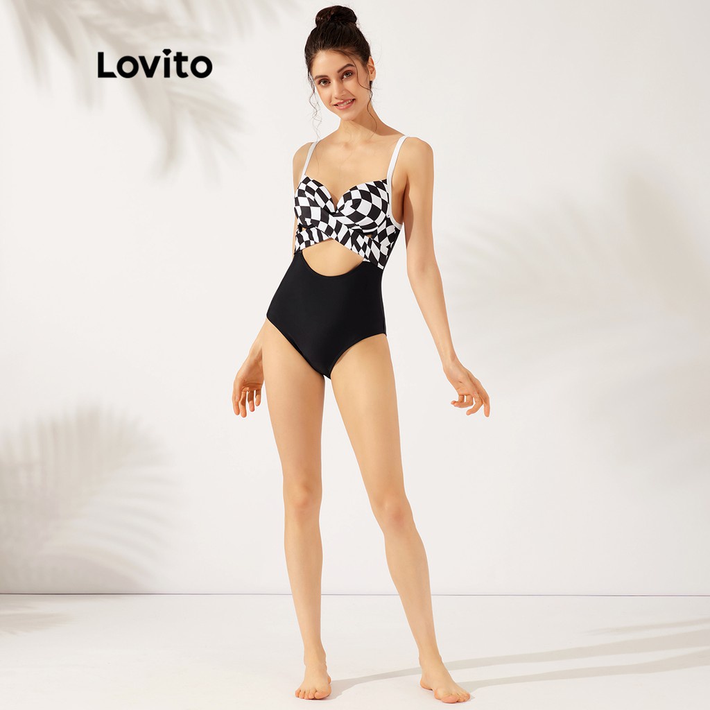 Bộ đồ bơi liền thân Lovito thiết kế cắt xẻ họa tiết bàn cờ thanh lịch L23AD085 (Nhiều màu sắc)