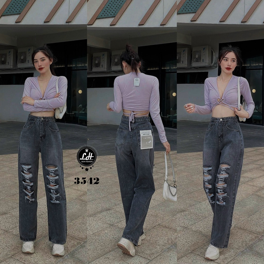 Quần jean nữ ống rộng, quần bò màu xám rách tả tơi siêu cá tính Lê Huy Fashion MS 3542