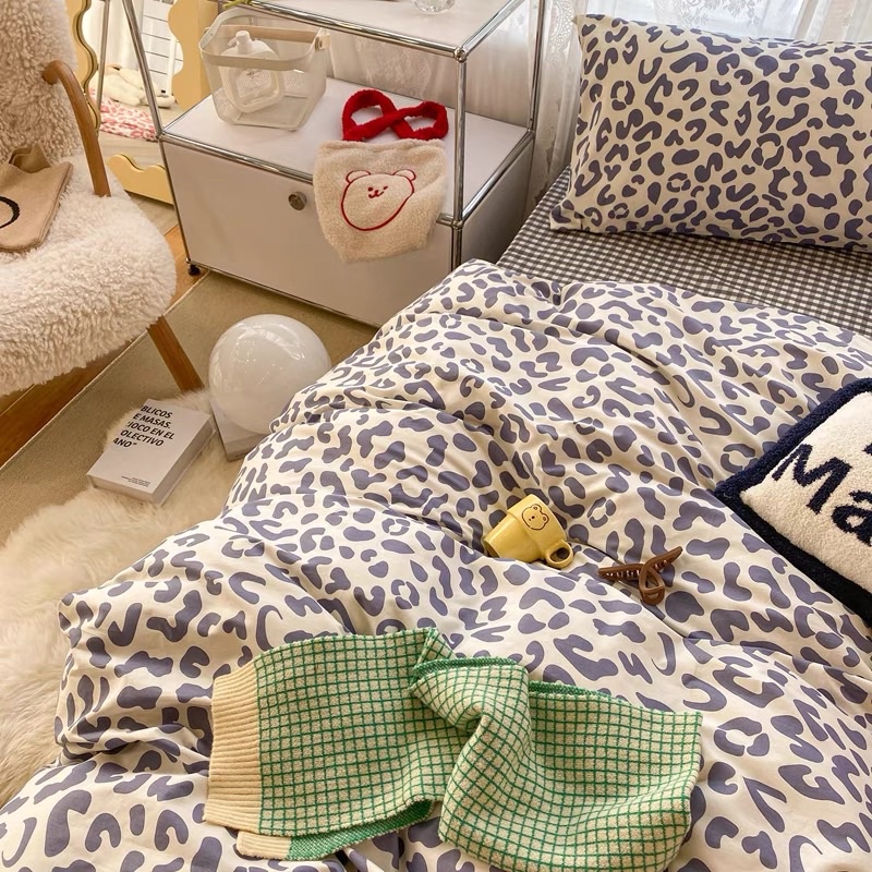 Bộ chăn ga gối Cotton Poly hoạ tiết da beo hồng xanh MÂY BEDDING đủ kích thước nệm
