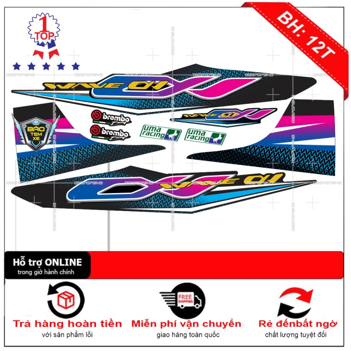 Tem rời dán xe wave a 110 xanh hồng - Bi Decal