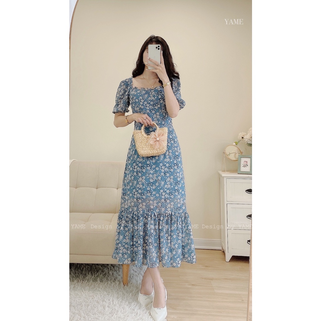 Váy đầm hoa nữ ngắn tay dáng dài màu xanh dương chất voan tơ lót lụa YAME