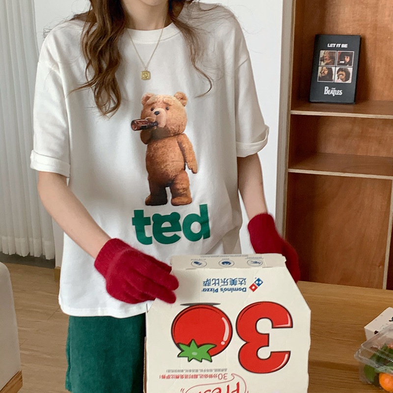 Áo thun IELGY tay ngắn dáng rộng in hình chú gấu hoạt hình kiểu Hàn Quốc cho nữ