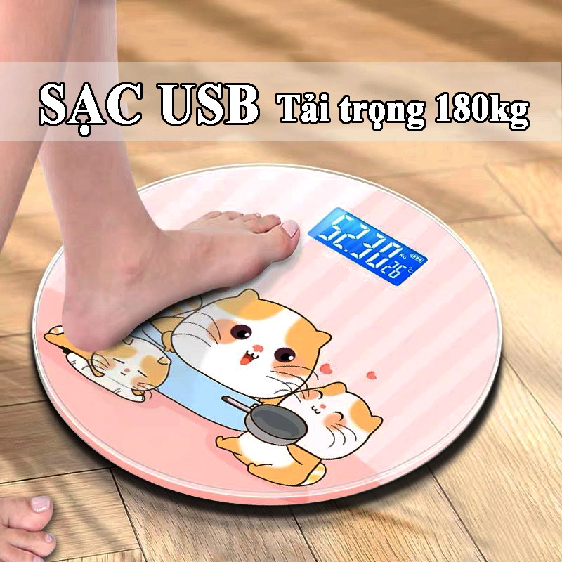 Cân Điện Tử Cân Sức Khỏe Gia Đình Sạc Tích Điện USB / Thay Pin Tải Trọng 180kg Hình Tròn Mặt Kính Cường Lực