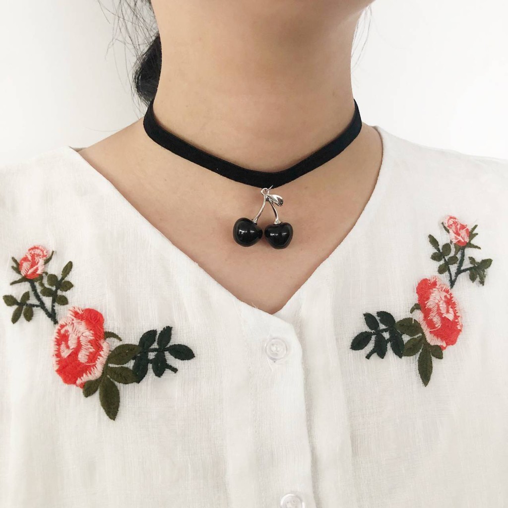 Vòng Cổ Choker Màu Đen Phối Mặt Hình Quả Cherry Phong Cách Hàn Quốc Cho Nữ