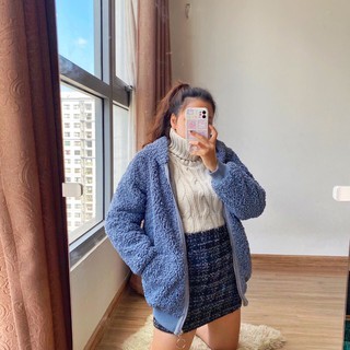 [Ảnh thật] Áo khoác lông cừu có mũ màu xanh