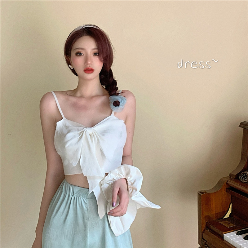 Áo hai dây nữ dáng ôm 2021, áo croptop nữ kểu đẹp màu trắng xanh cổ V phối nơ trước  thời trang hàn quốc du lịch | BigBuy360 - bigbuy360.vn