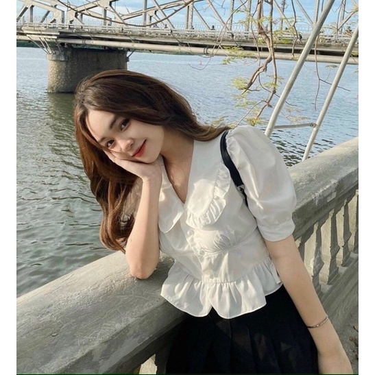 Áo sơ mi cộc tay thiết kế kiểu phong cách nhẹ nhàng cổ bẻ -dáng bèo- Yesnow