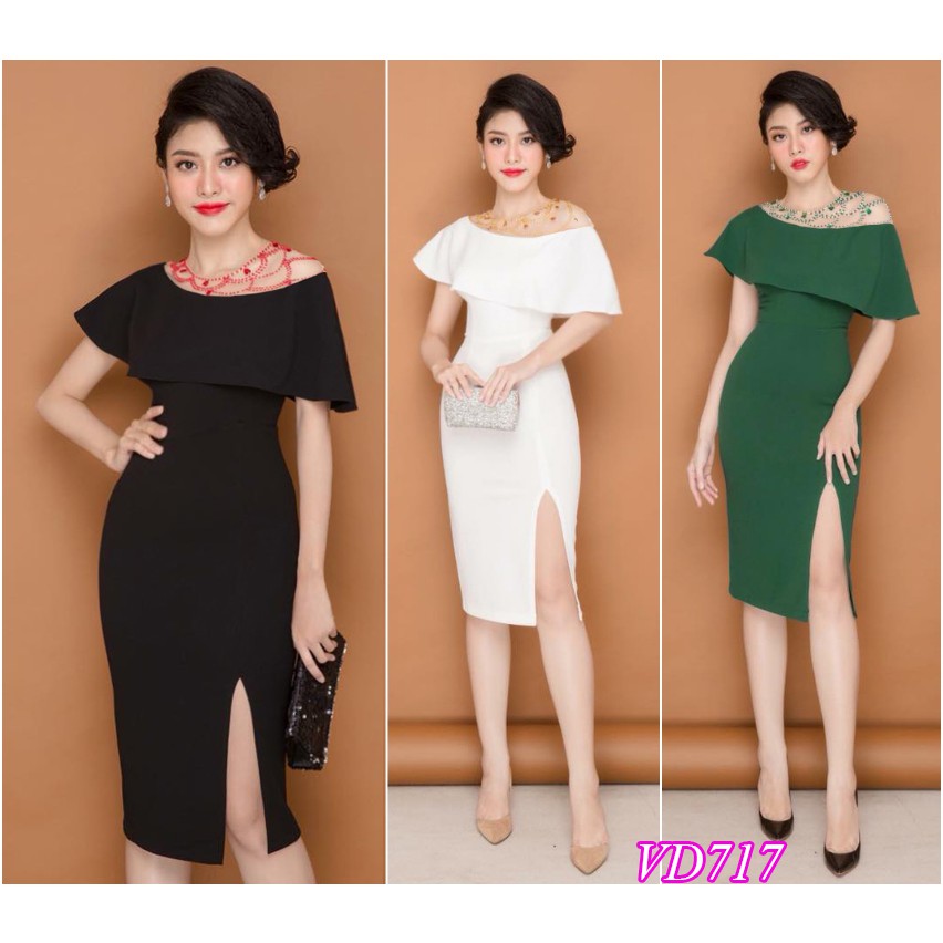 Đầm ôm sẻ tà kết hạt sang trọng