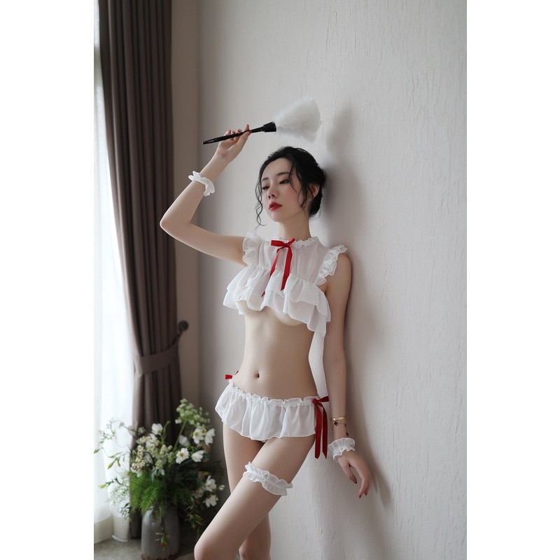 Đồ Cosplay Bèo Nhún Đính Nơ Đồ Ngủ Sexy Áo Coptop Màu Trắng Cám Dỗ