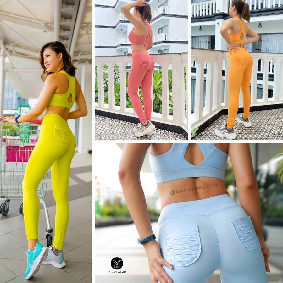 Bộ đồ tập gym, yoga Bunny cạp cao, chun mông vải VNXK