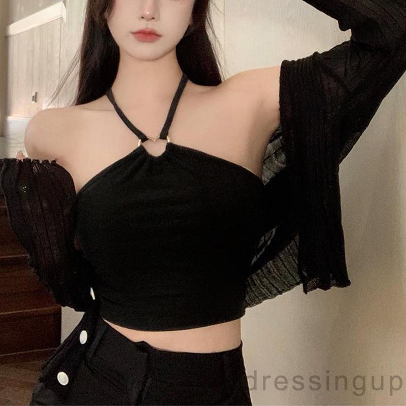 DRE-Women Halter Neck Tank Tops, Solid Color Sleeveless Elastic Ring Connected Outwear Casual Vest Tops