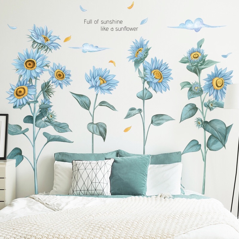 Decal hướng dương xanh phong cách hàn quốc, sẵn keo dán