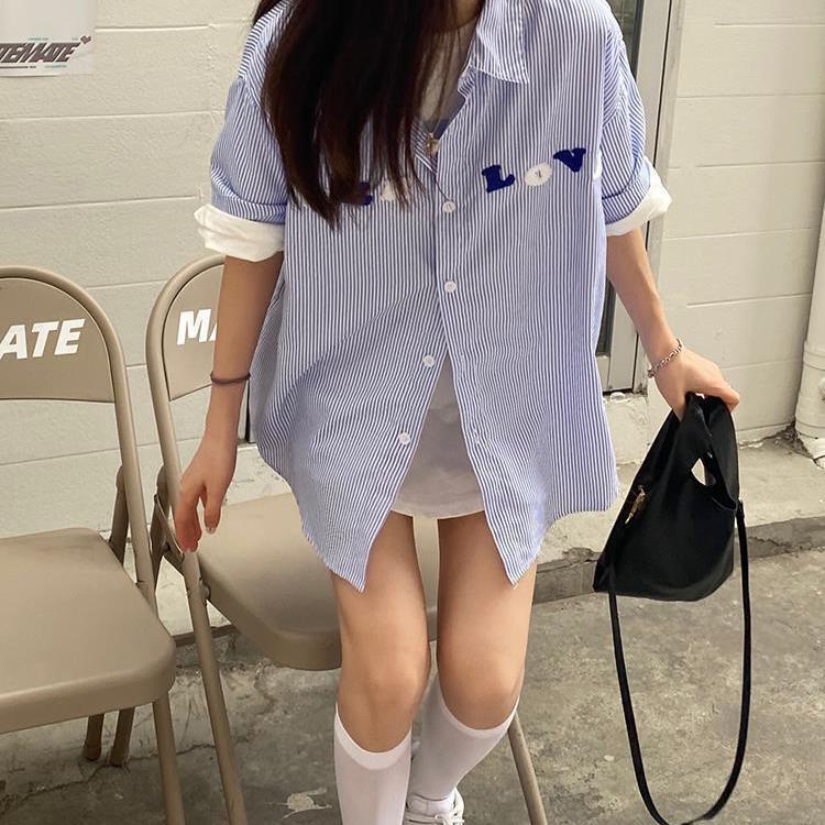 IMAODOU  Áo sơ mi  mỏng tay ngắn dáng rộng họa tiết kẻ sọc phong cách Hồng Kông thời trang mùa hè cho nữ 2023