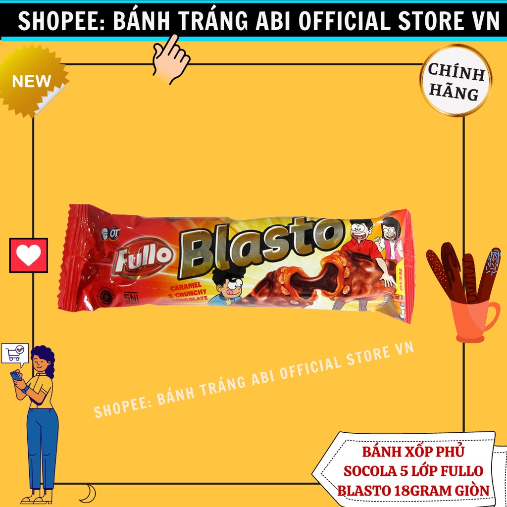 Hộp 15 cây-Bánh xốp ống socola 5 lớp giòn Fullo Blasto-Hàng nhập Indonesia-270g