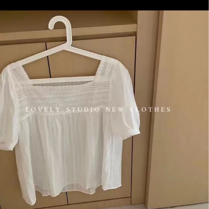 Áo babydoll ren ngực cổ vuông cộc tay vintage ảnh thật
